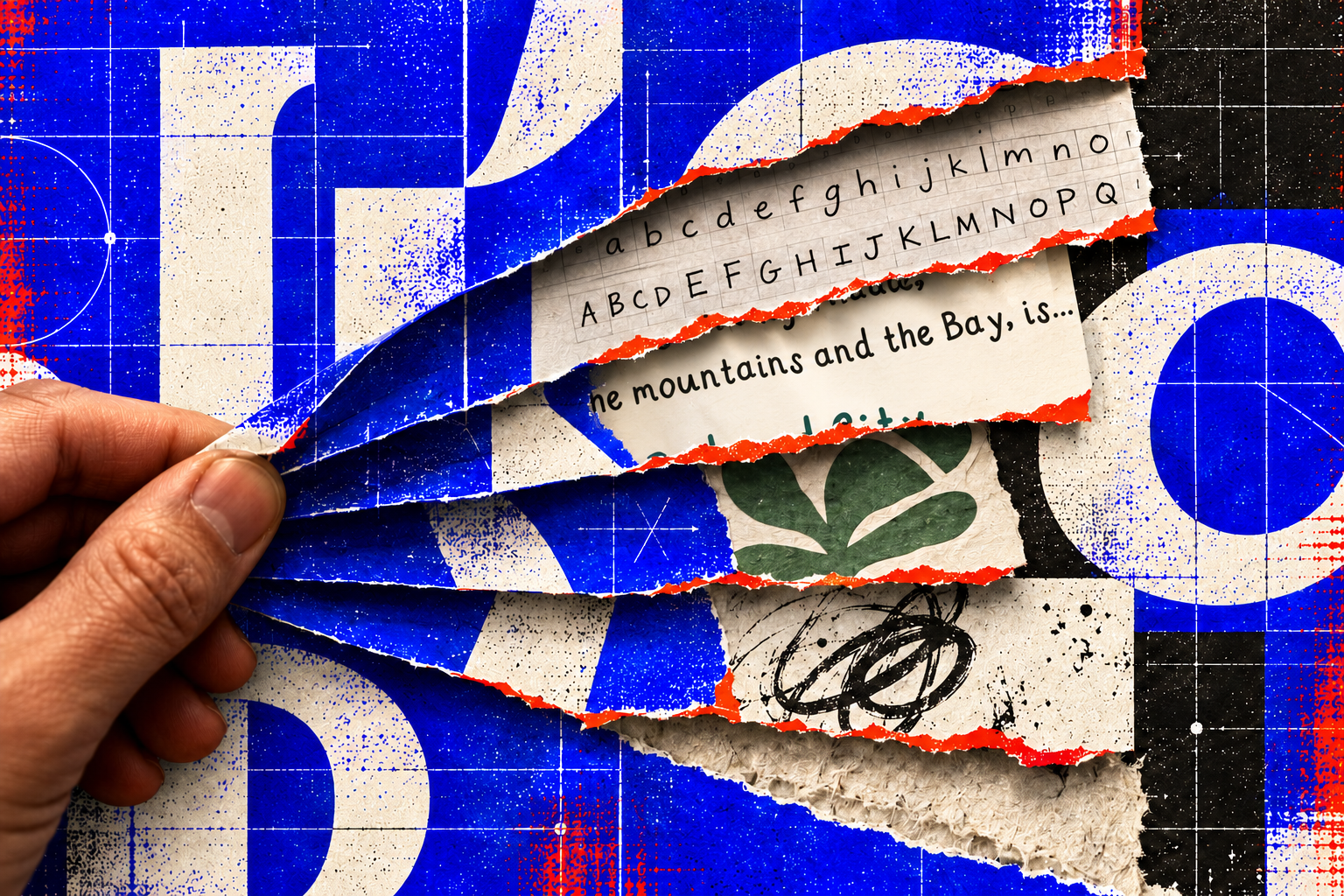 Hand peeling back torn paper to reveal handwritten lowercase and uppercase alphabets over a vivid blue geometric background