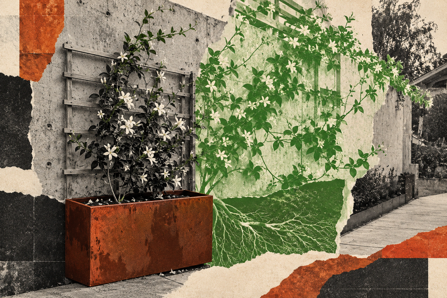 Jasmine climbing a concrete retaining wall and spreading across a trellis