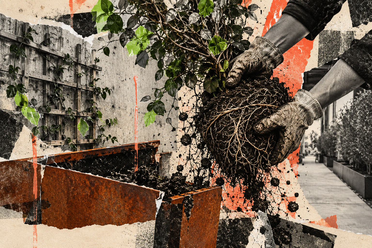 Gardening hands holding a jasmine root ball pulled free from its planter
