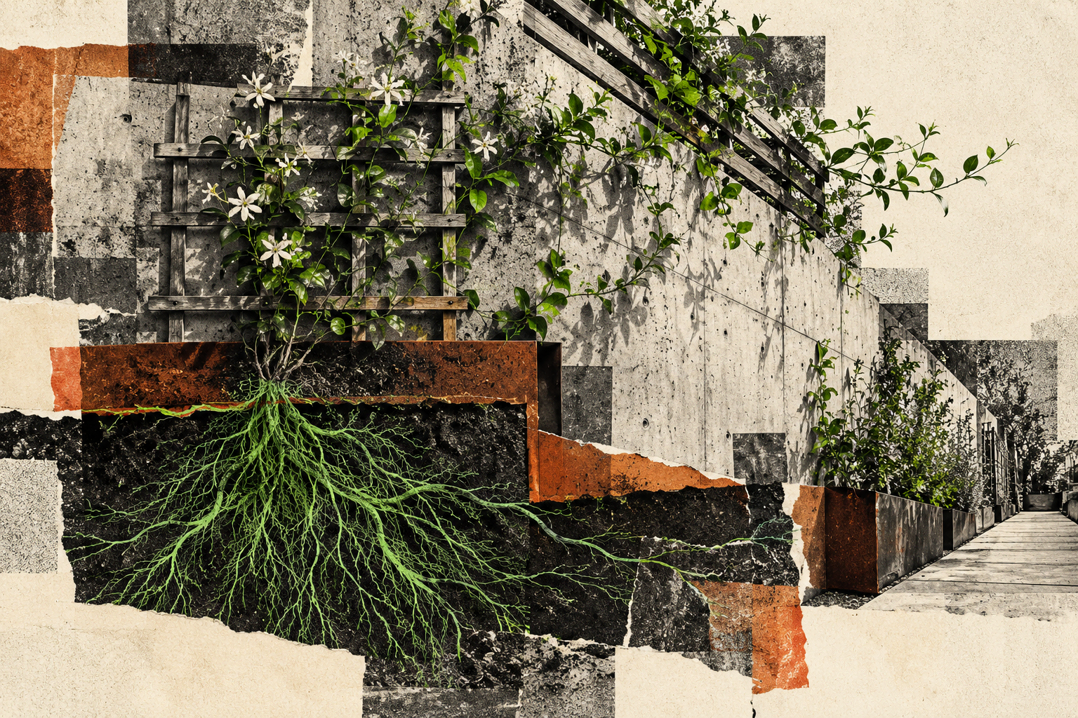 A jasmine's roots spreading beneath a retaining wall as its vines grow upward