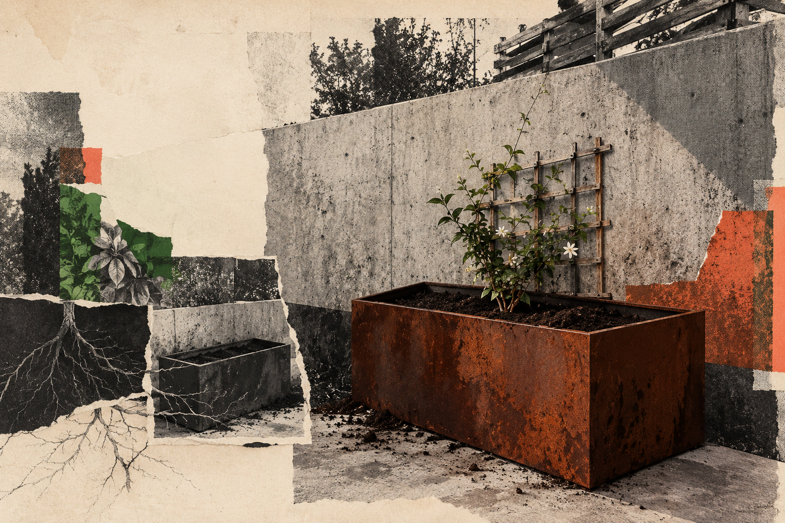 A small jasmine with exposed roots beside a much larger corten steel planter