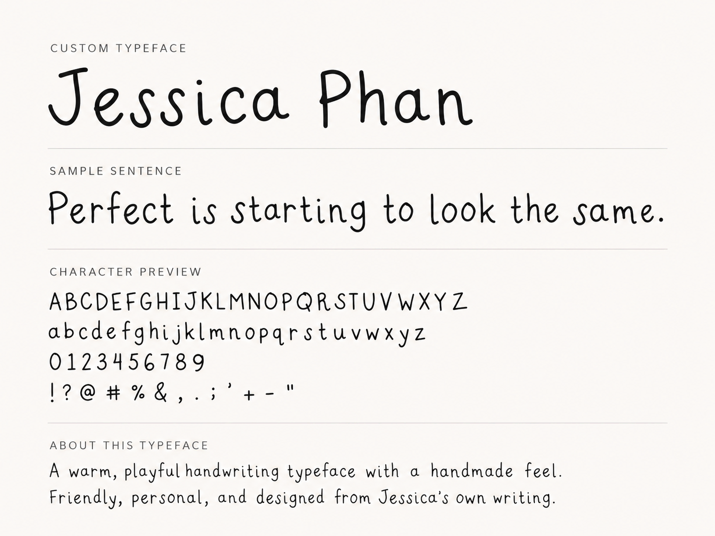Specimen of Jessica Phan's custom handwriting typeface showing her name, the essay title, alphabets, numbers, and punctuation