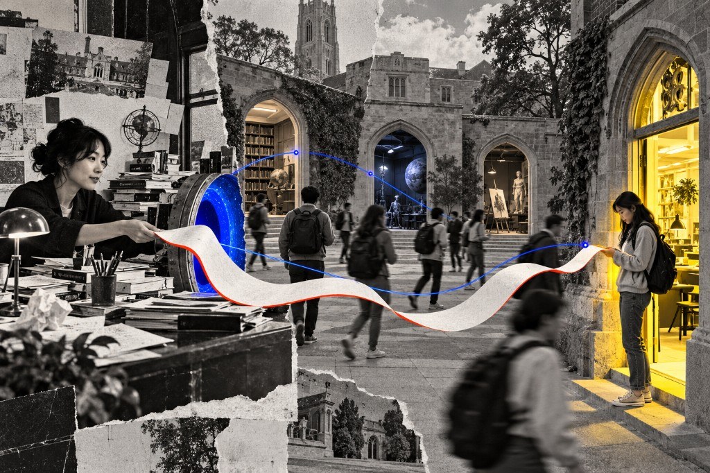 A student pulling a ribbon through campus arches toward a sunlit doorway, with a blue path of connected dots