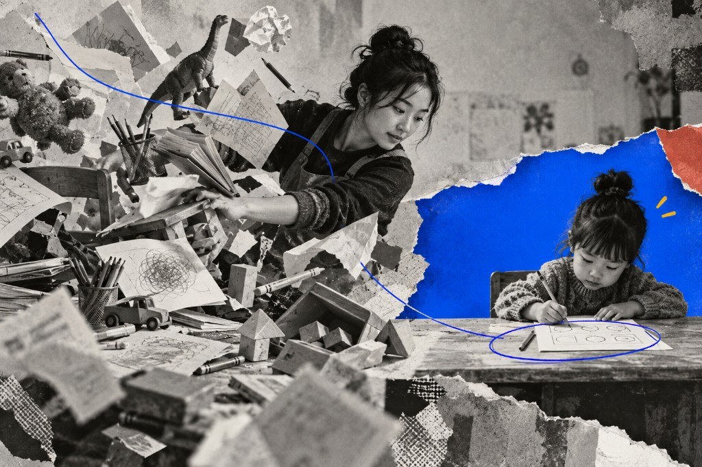 A chaotic cluttered desk on the left and a focused child drawing on a clean desk against a torn blue field on the right