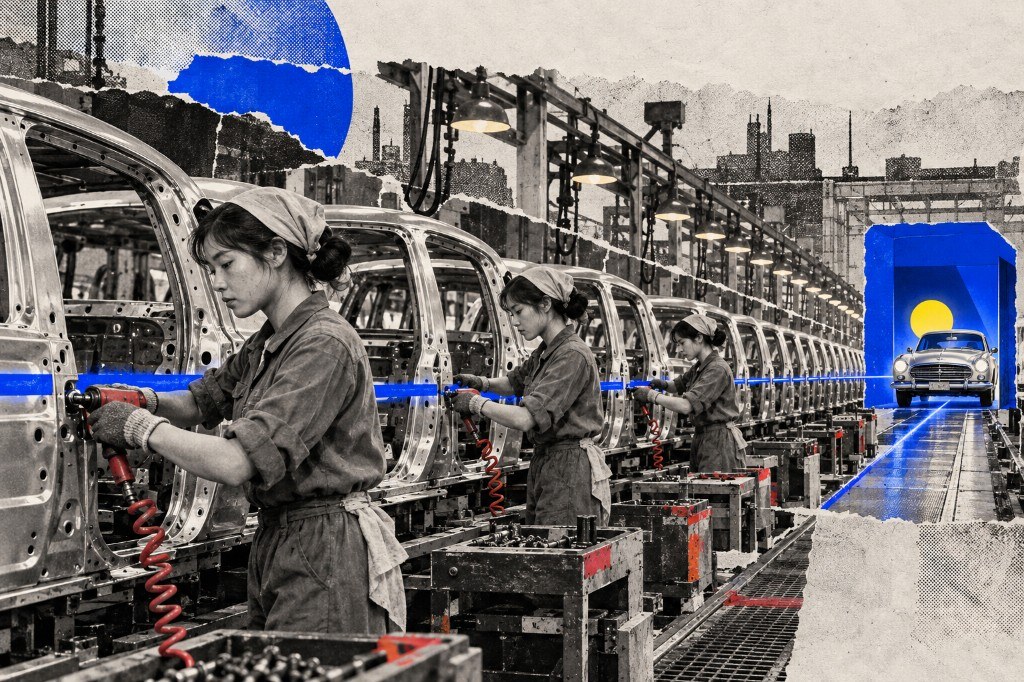 Women on a car assembly line with a finished car framed in a blue doorway at the end