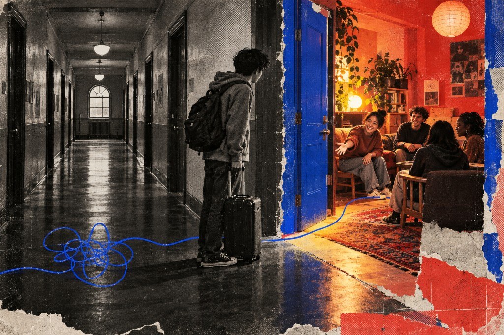 A student in a dark hallway looking into a warm room of people through an open blue door, connected by a glowing blue wire