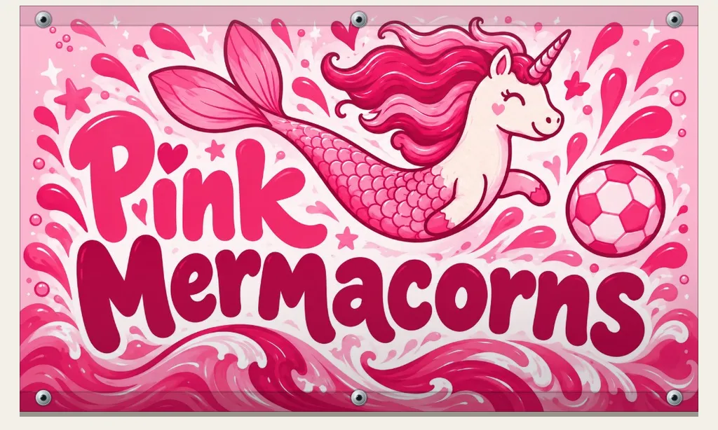 Pink Mermacorns banner: a pink mermaid unicorn leaping through waves beside a pink soccer ball.