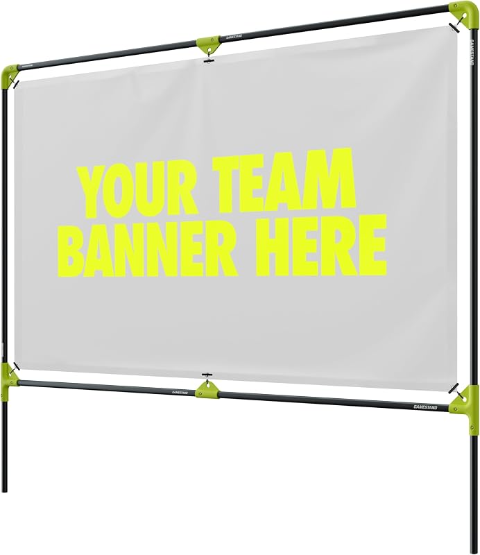 A collapsible stand holding a 5 by 3 foot team banner.